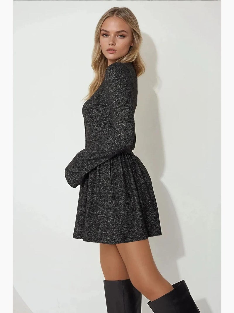 Vestido mini skater de gola redonda com manga comprida e detalhe de botões hiccup Cinza - Kiabi