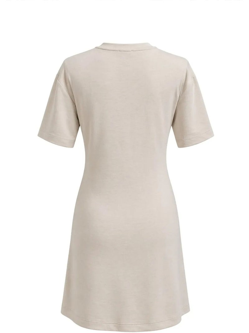 Vestido mini t-shirt com decote redondo e acessório em pedra mixray Bege-argila - Kiabi