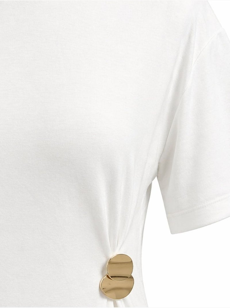 Vestido mini t-shirt com decote redondo e acessório em pedra mixray Branco - Kiabi