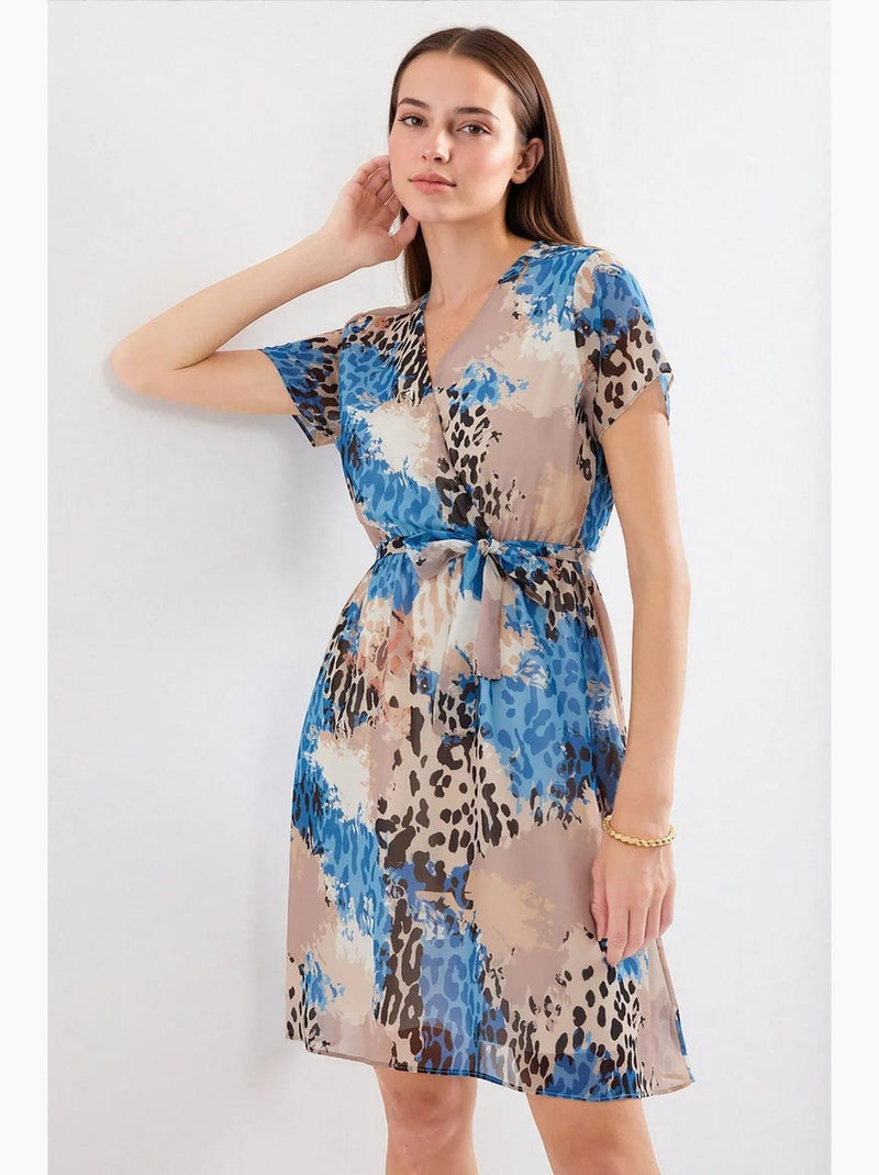 Vestido mini tea floral com decote em v e cinto bdart Azul-safira - Kiabi