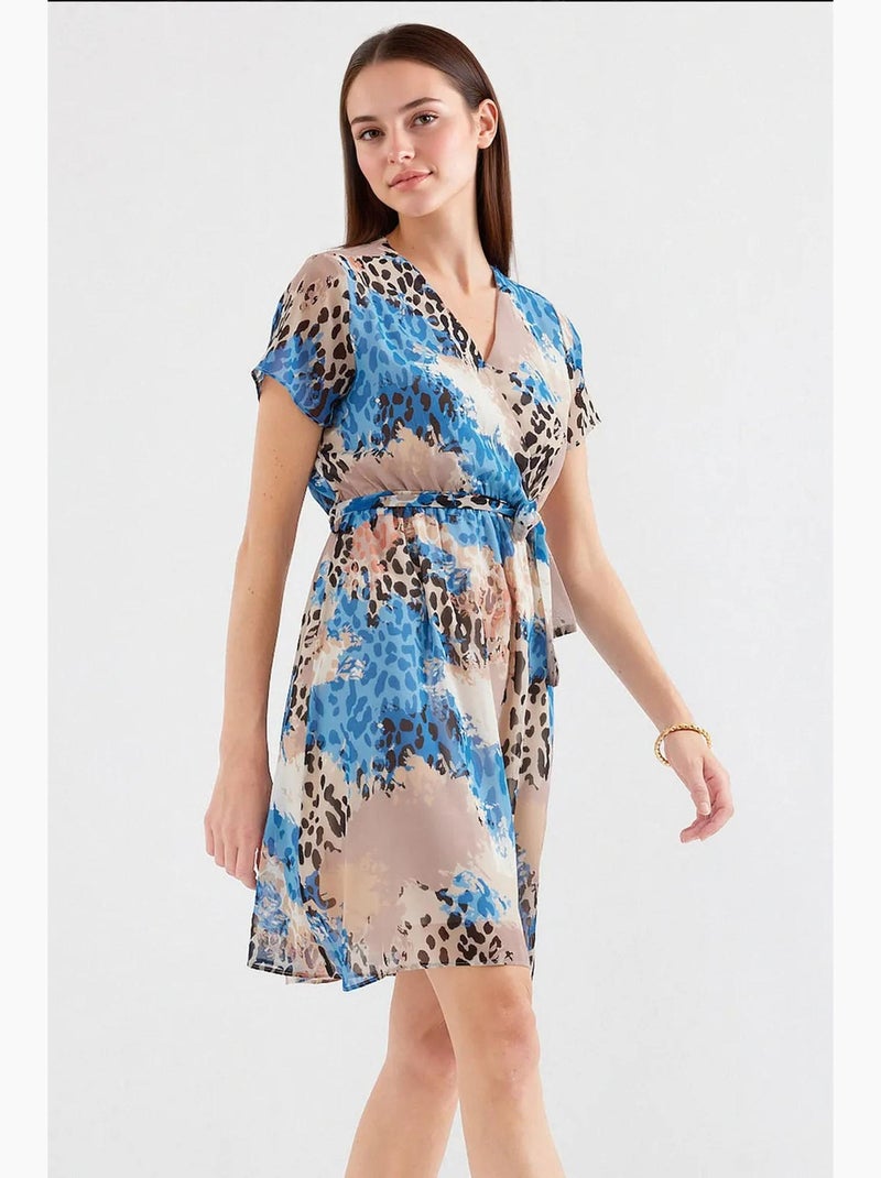 Vestido mini tea floral com decote em v e cinto bdart Azul-safira - Kiabi