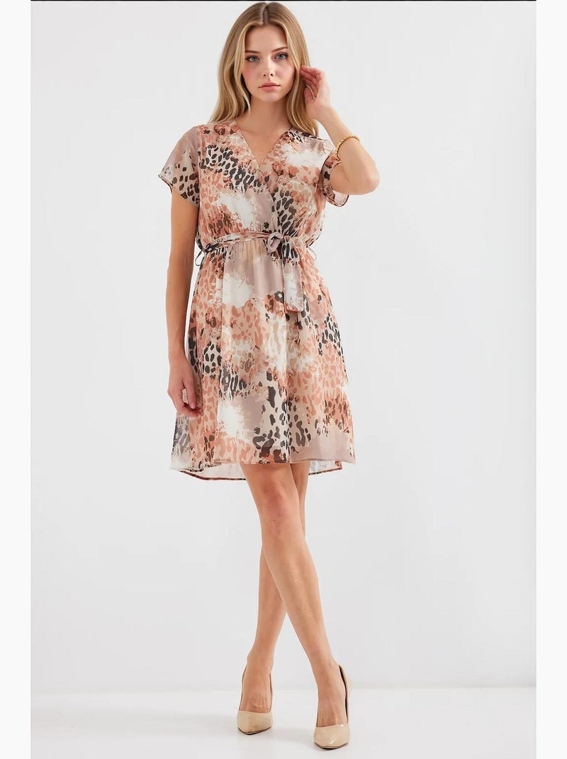 Vestido mini tea floral com decote em v e cinto bdart Bege-argila - Kiabi
