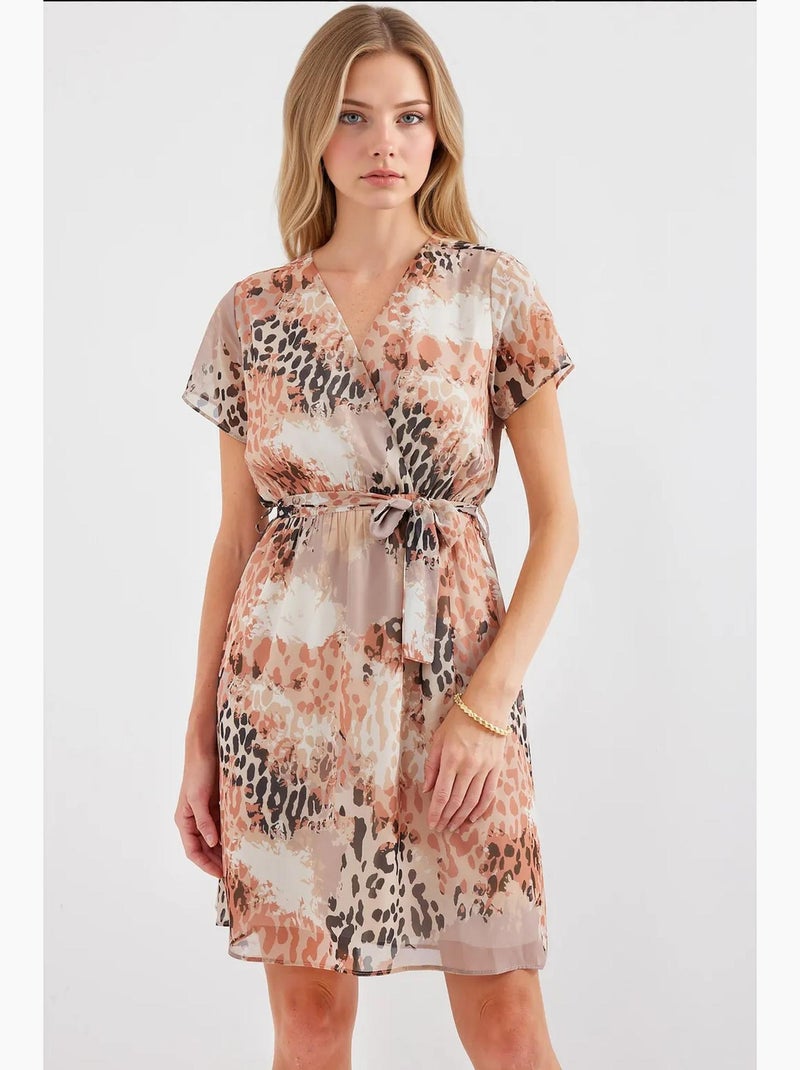 Vestido mini tea floral com decote em v e cinto bdart Bege-argila - Kiabi