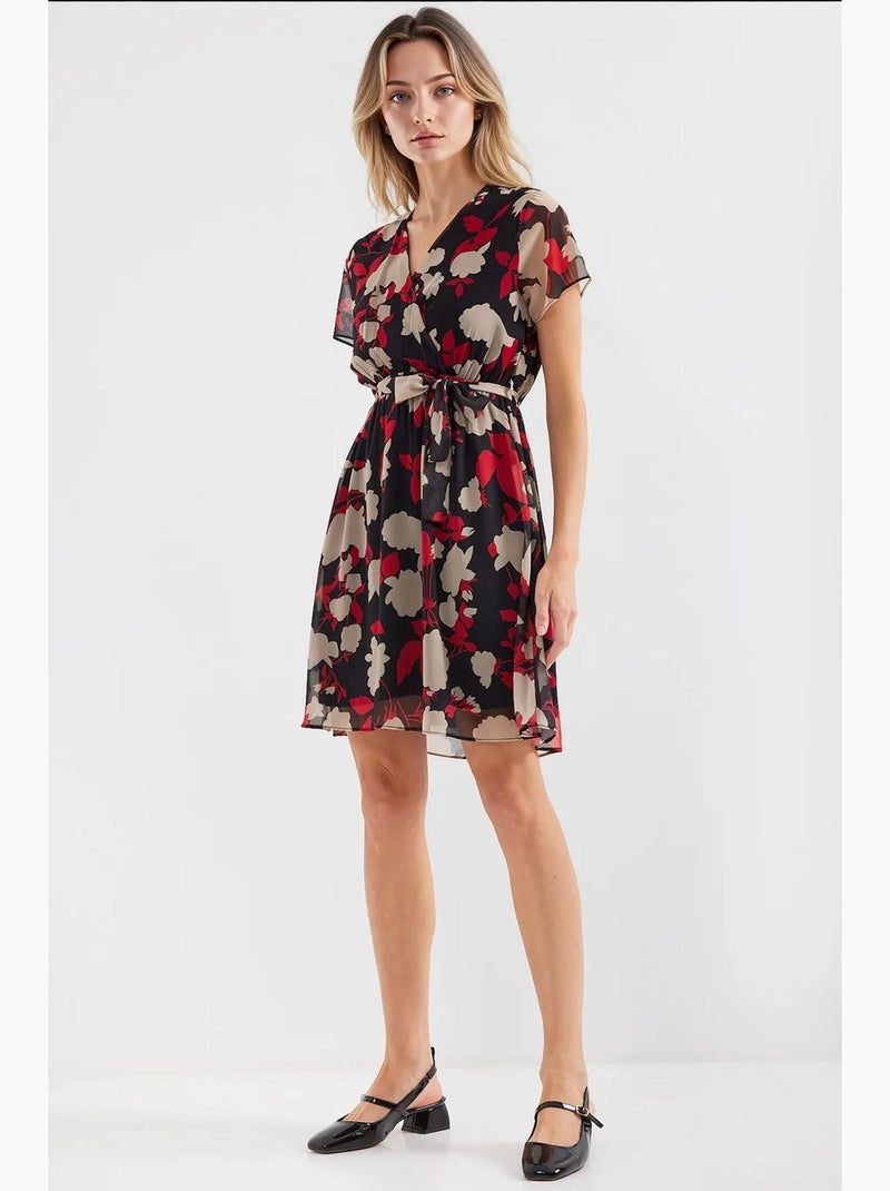 Vestido mini tea floral com decote em v e cinto bdart Vermelho bordô - Kiabi