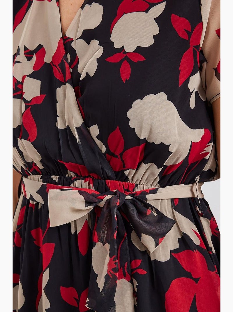 Vestido mini tea floral com decote em v e cinto bdart Vermelho bordô - Kiabi