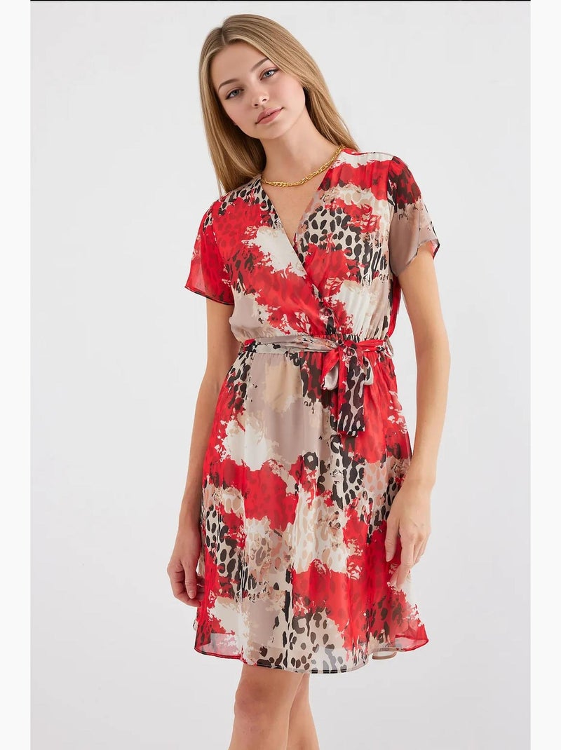 Vestido mini tea floral com decote em v e cinto bdart Vermelho - Kiabi