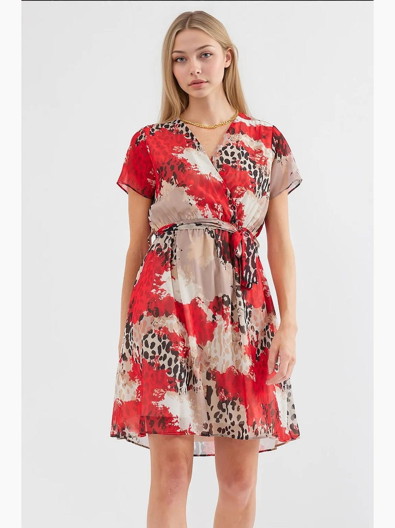 Vestido mini tea floral com decote em v e cinto bdart Vermelho - Kiabi