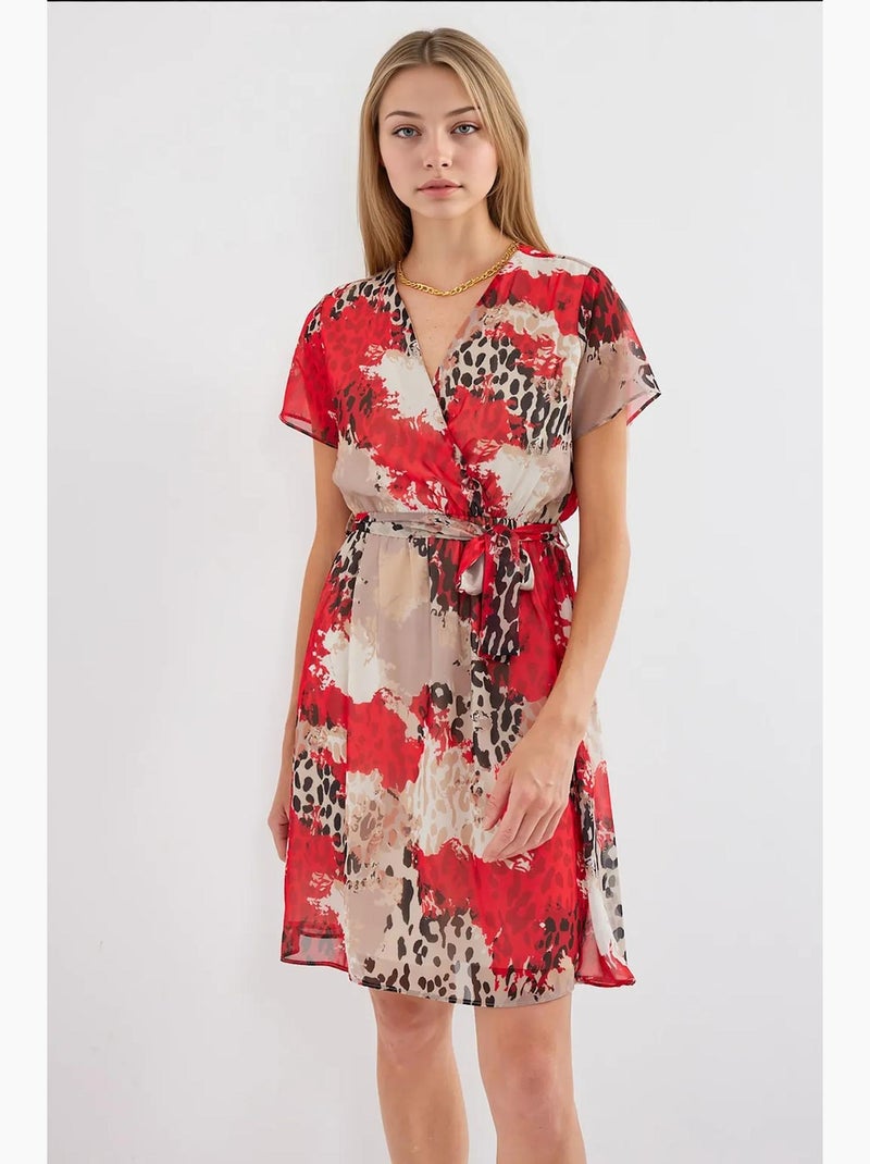 Vestido mini tea floral com decote em v e cinto bdart Vermelho - Kiabi