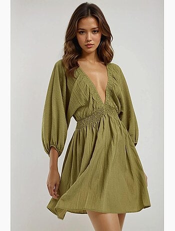 Vestido mini texturizado com decote em v e mangas compridas hiccup