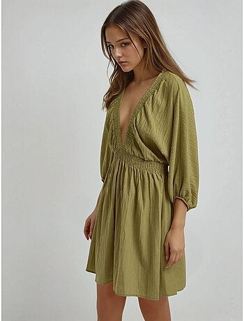 Vestido mini texturizado com decote em v e mangas compridas hiccup