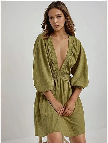 Vestido mini texturizado com decote em v e mangas compridas hiccup