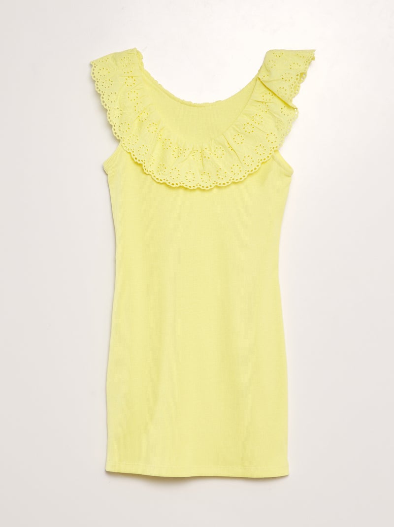 Vestido nervurado com gola larga bordada Amarelo - Kiabi