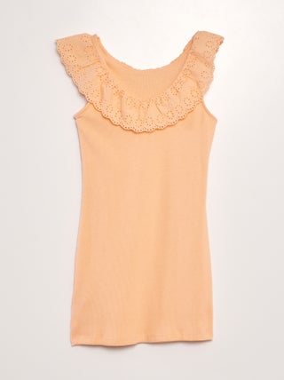 Vestido nervurado com gola larga bordada