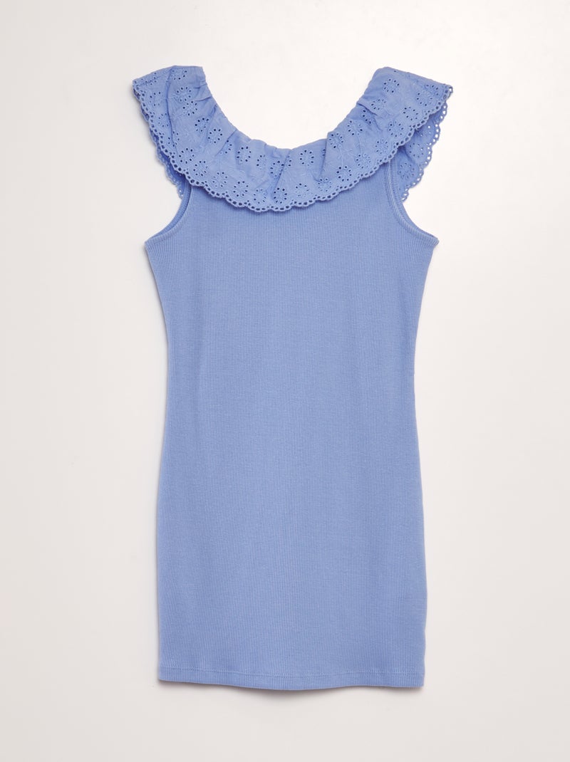 Vestido nervurado com gola larga bordada Violeta - Kiabi