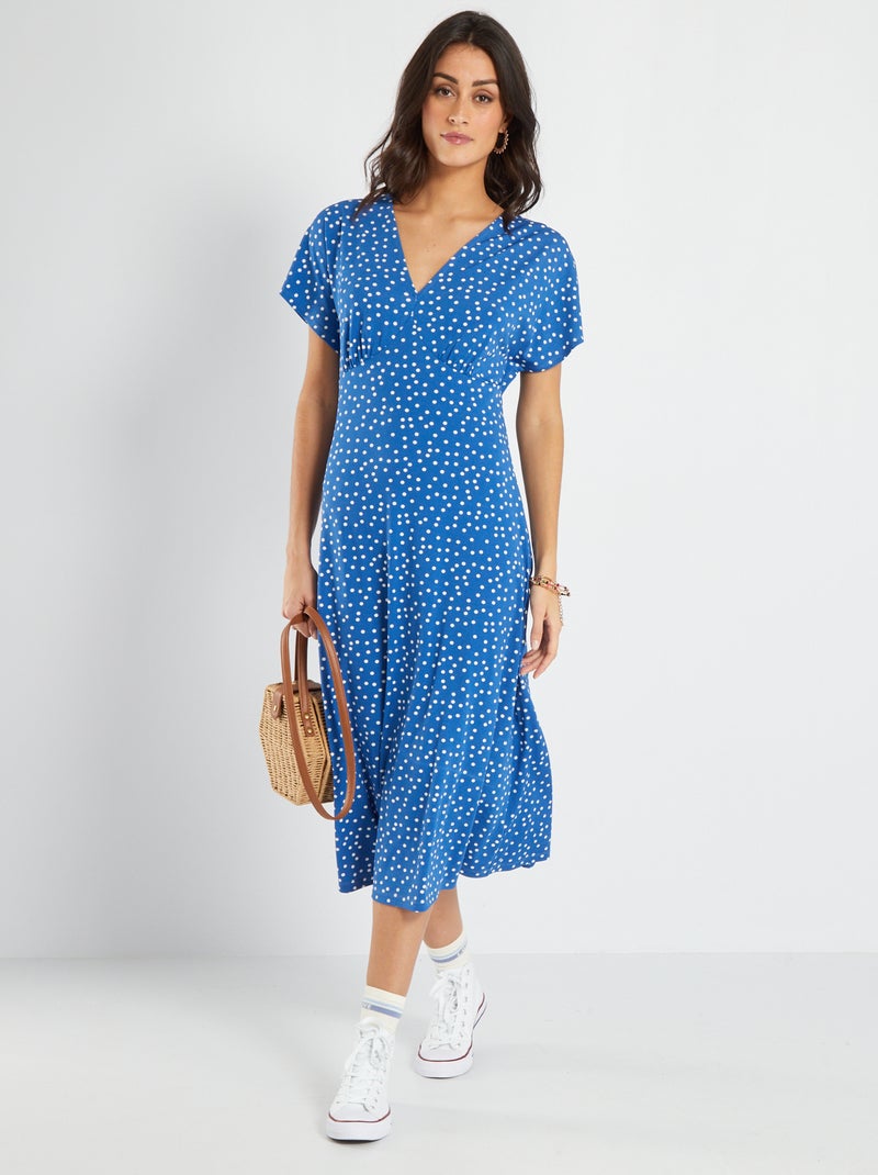 Vestido pelo joelho com gola em bico e motivos AZUL - Kiabi