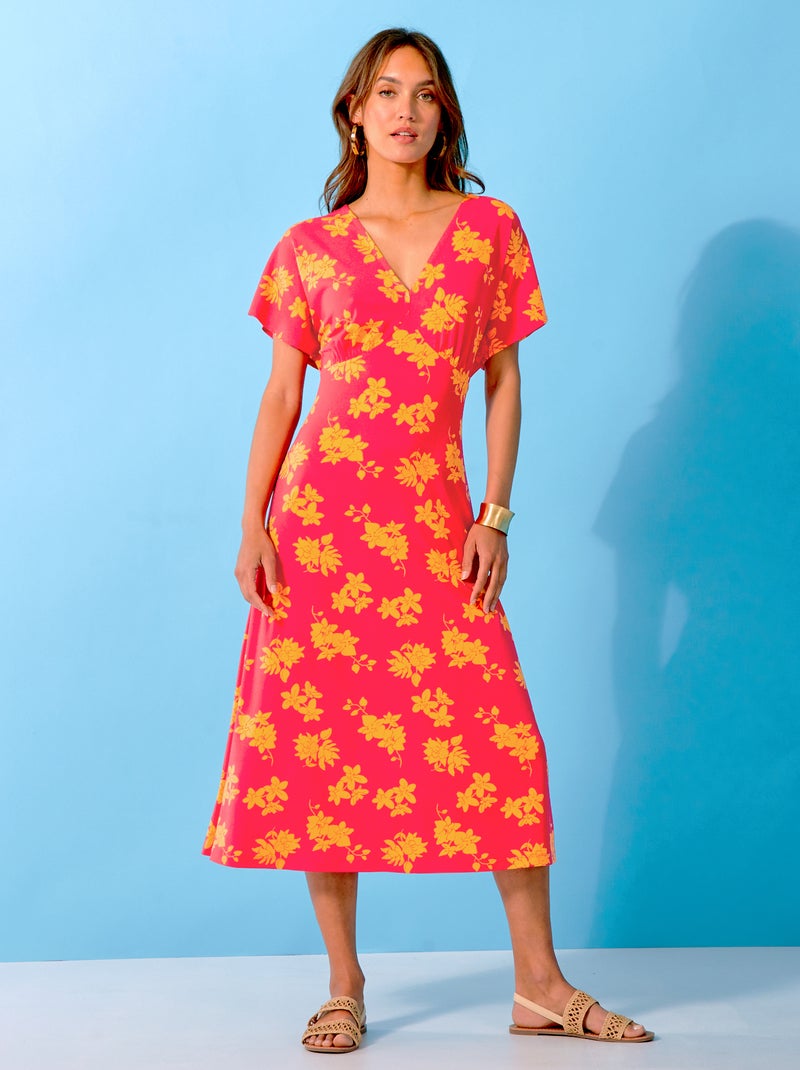 Vestido pelo joelho com gola em bico e motivos ROSA - Kiabi