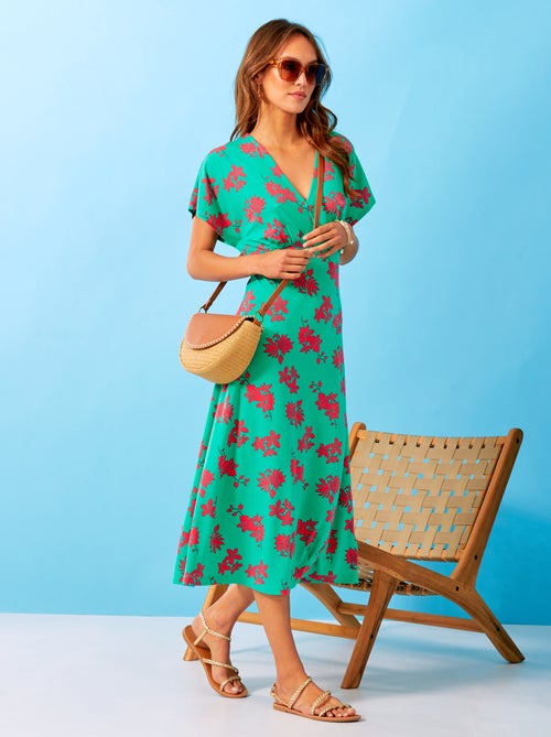 Vestido pelo joelho com gola em bico e motivos - Kiabi