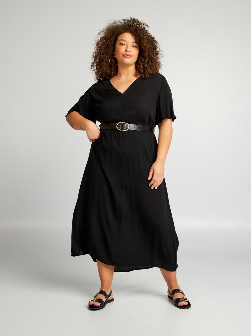 Vestido pelo joelho, elástico e com mangas borboleta Preto - Kiabi