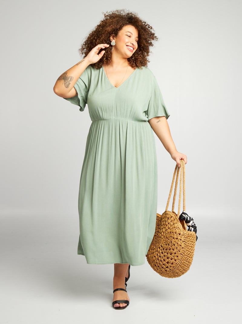 Vestido pelo joelho, elástico e com mangas borboleta VERDE - Kiabi