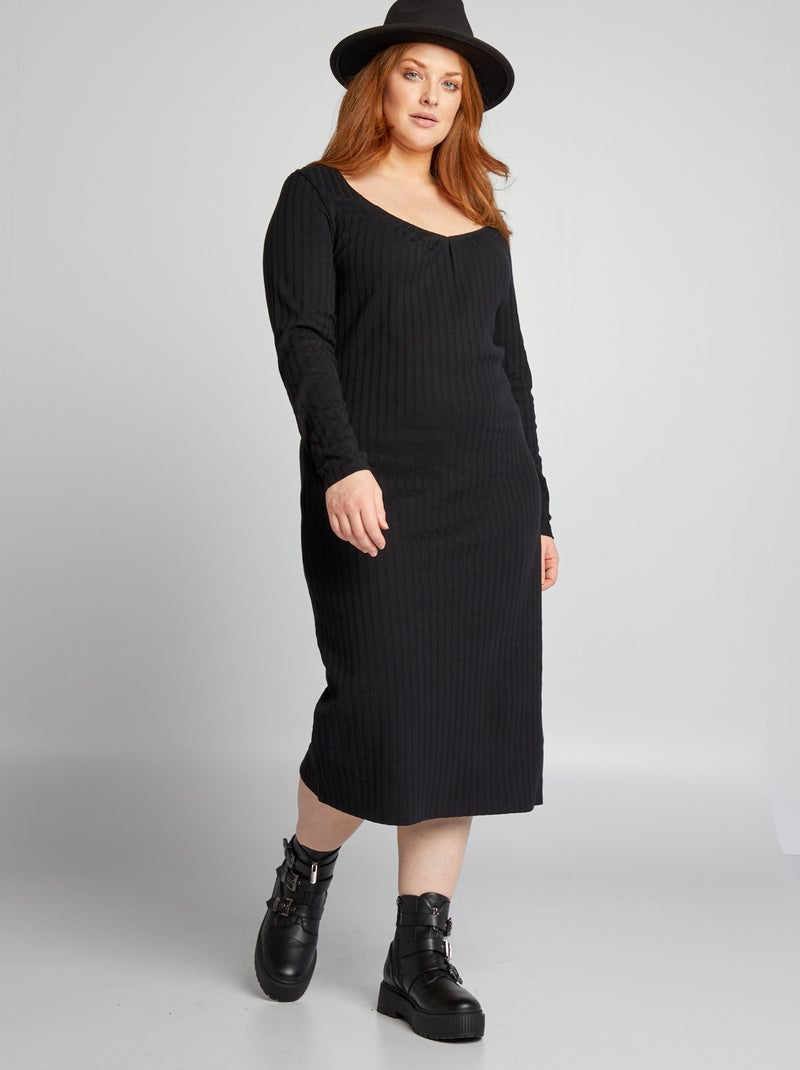 Vestido pelo joelho em malha nervurada Preto - Kiabi