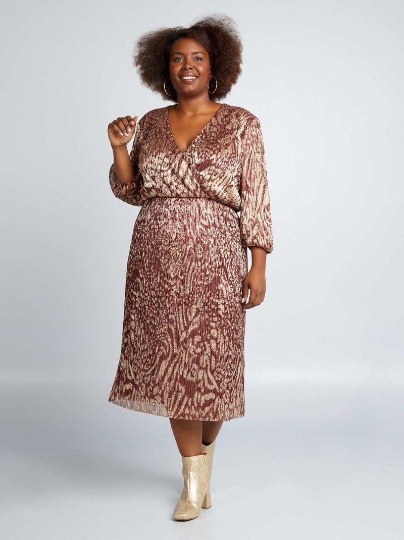 Vestido pelo joelho em malha plissada iridescente MARROM - Kiabi