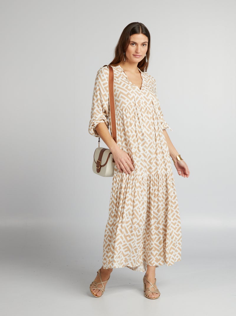 Vestido pelo joelho estampado com gola tunisina BEGE - Kiabi