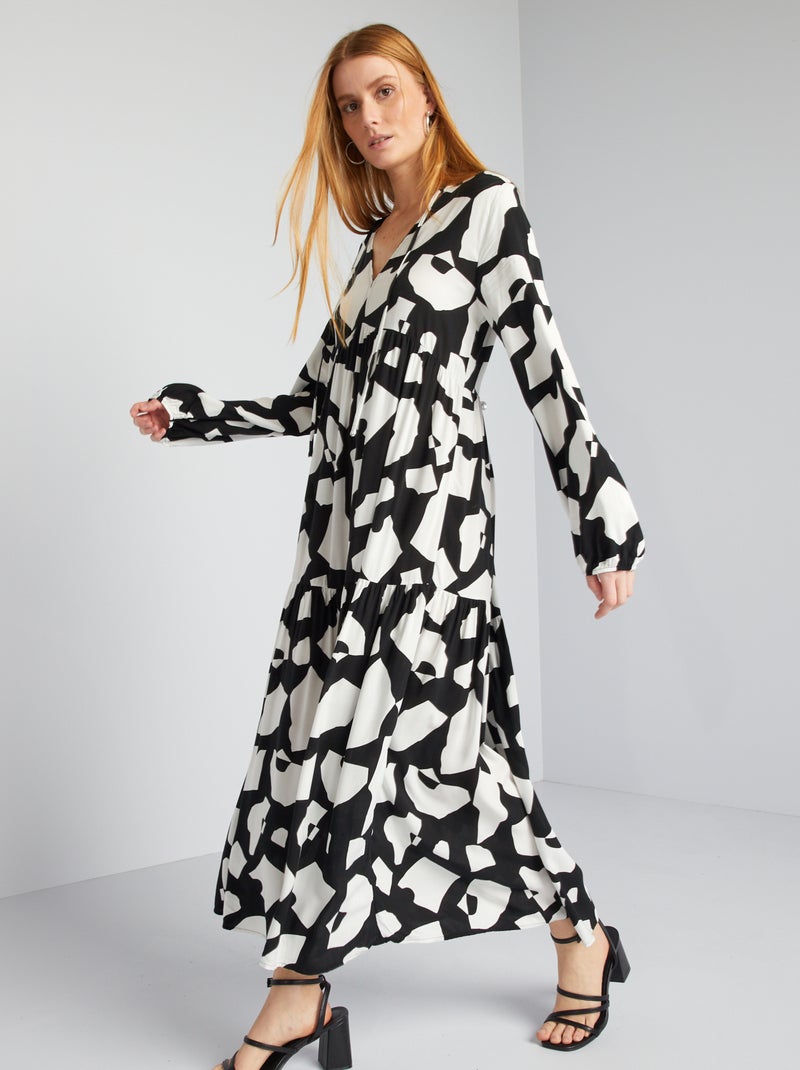 Vestido pelo joelho estampado com gola tunisina PRETO - Kiabi
