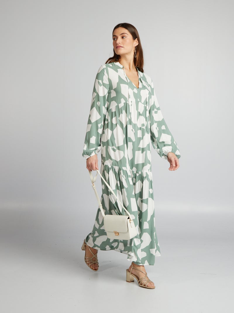 Vestido pelo joelho estampado com gola tunisina VERDE - Kiabi
