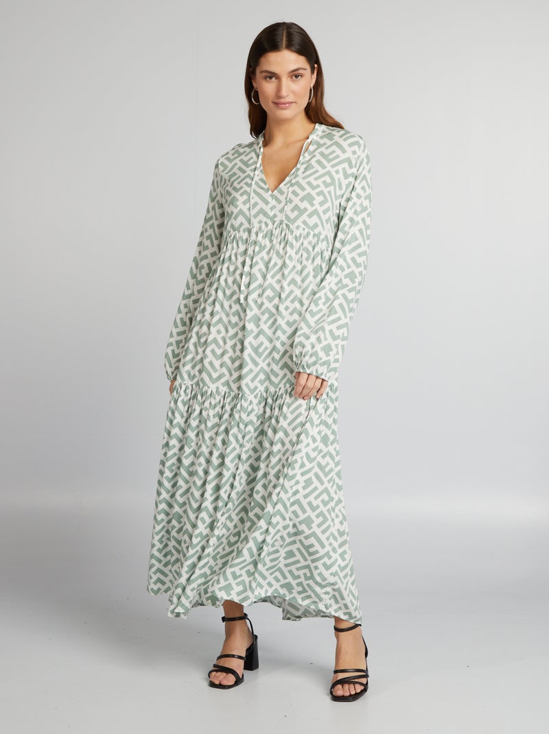 Vestido pelo joelho estampado com gola tunisina VERDE - Kiabi