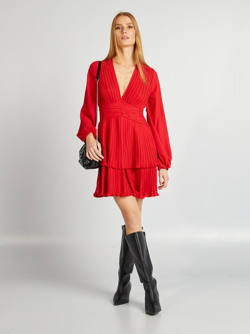 Vestido plissado com gola em bico Vermelho - Kiabi