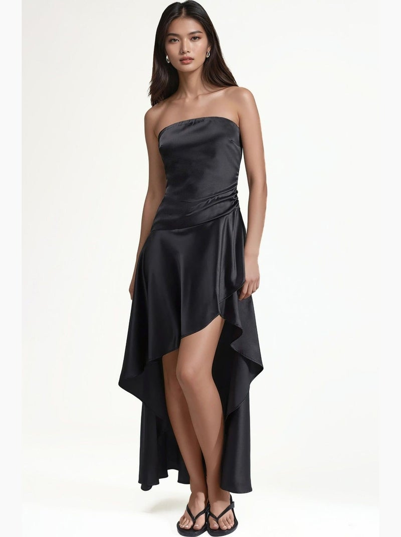 Vestido sem alças com detalhe de folhos hiccup Preto - Kiabi