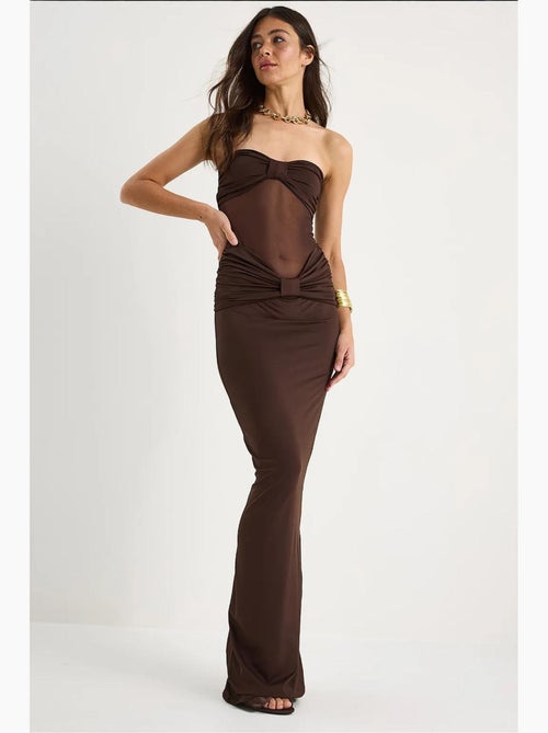 Vestido sereia sem alças em tule com detalhes em areia lucci - Kiabi Vestido sereia sem alças em tule com detalhes em areia lucci - Kiabi