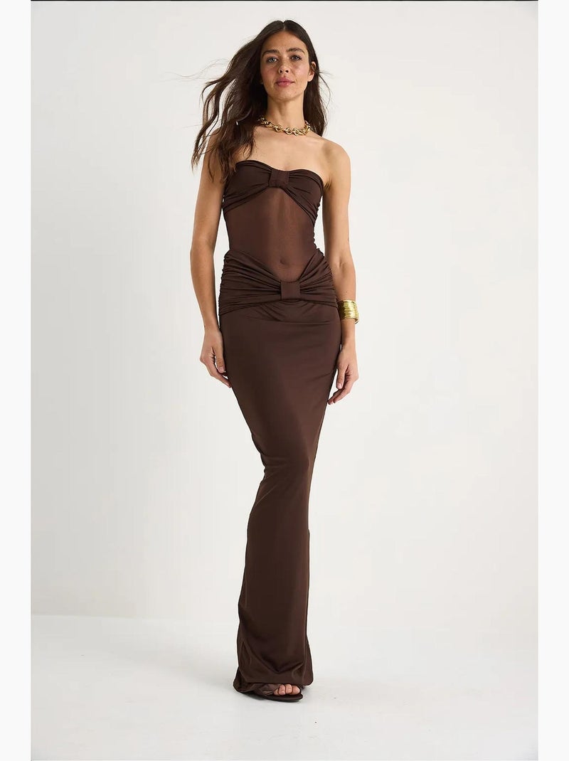 Vestido sereia sem alças em tule com detalhes em areia lucci Castanho-escuro - Kiabi