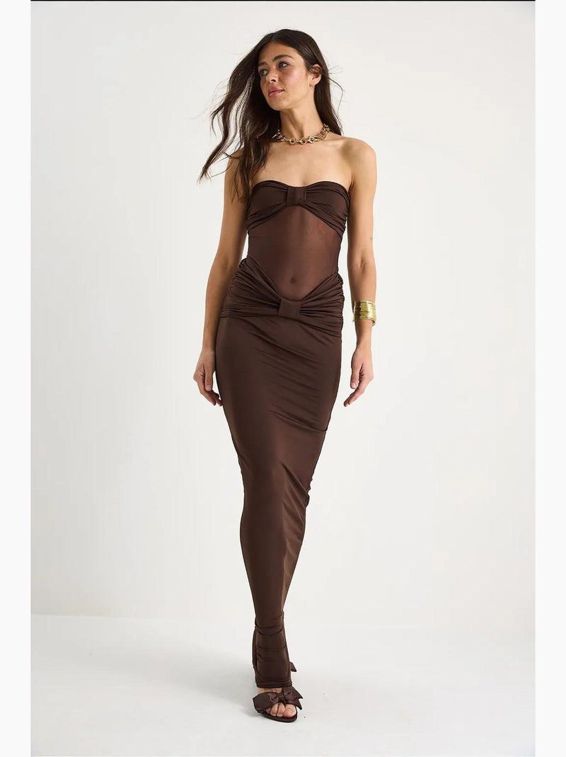 Vestido sereia sem alças em tule com detalhes em areia lucci Castanho-escuro - Kiabi