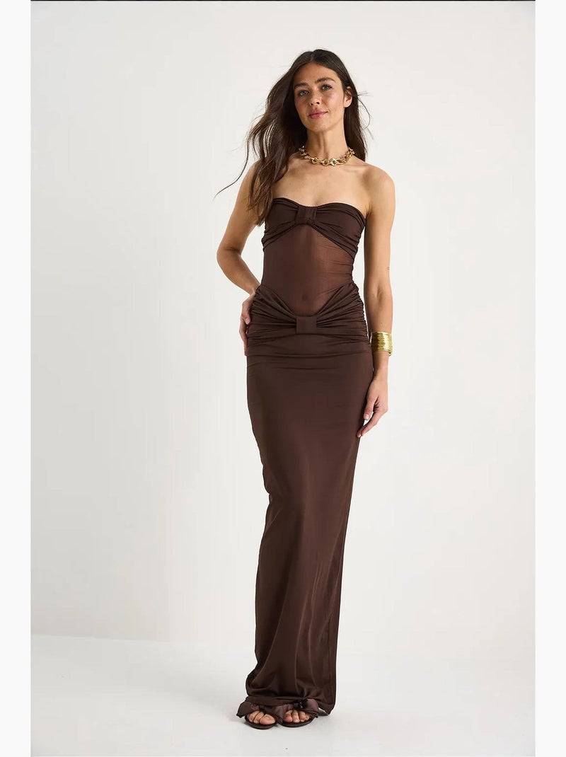 Vestido sereia sem alças em tule com detalhes em areia lucci Castanho-escuro - Kiabi