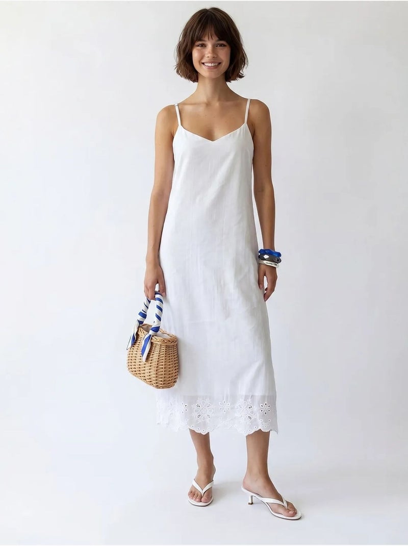 Vestido slip midi em linha a bordado mixray Branco - Kiabi