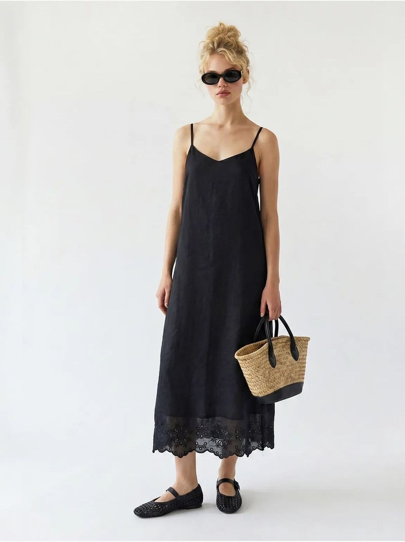 Vestido slip midi em linha a bordado mixray Preto - Kiabi