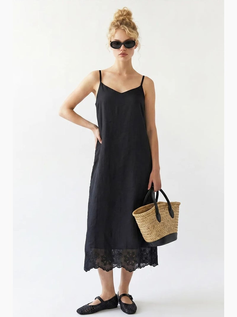 Vestido slip midi em linha a bordado mixray Preto - Kiabi