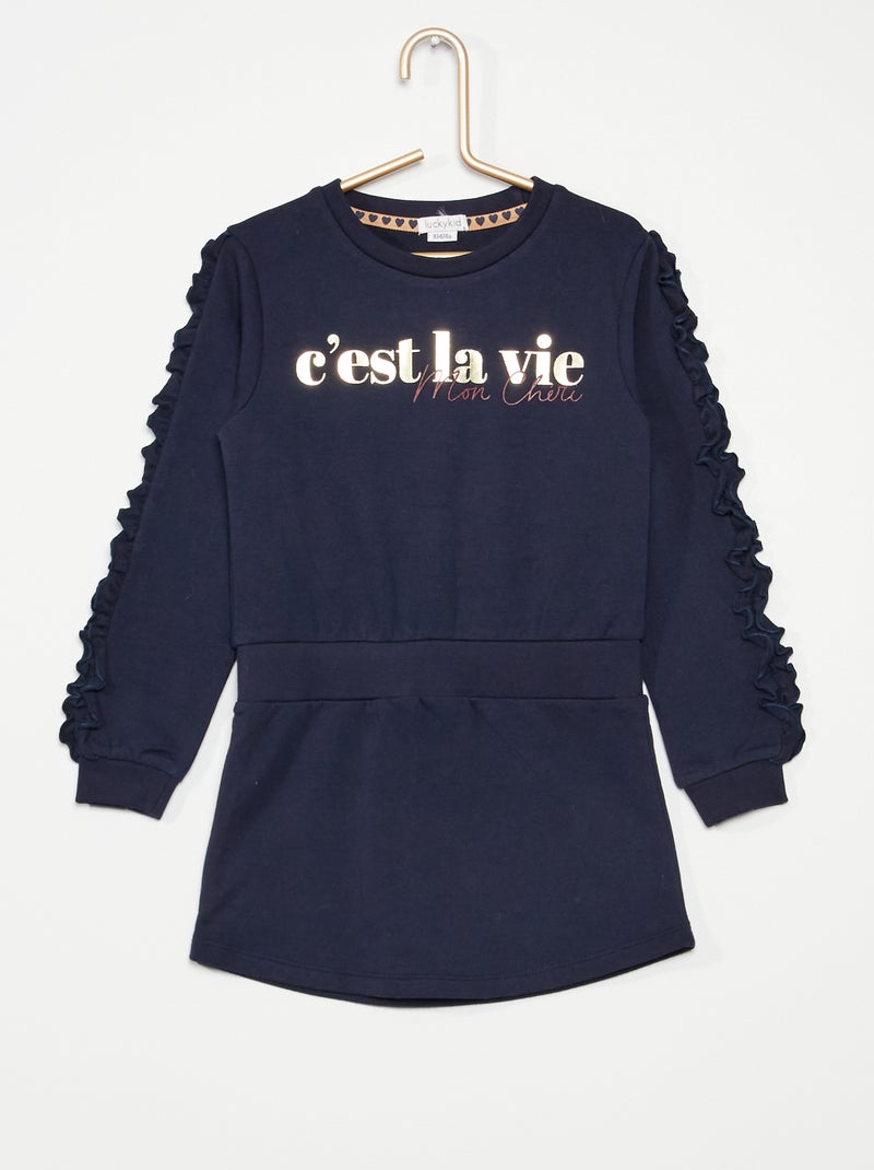 Vestido sweatshirt com folhos Azul Marinho - Kiabi