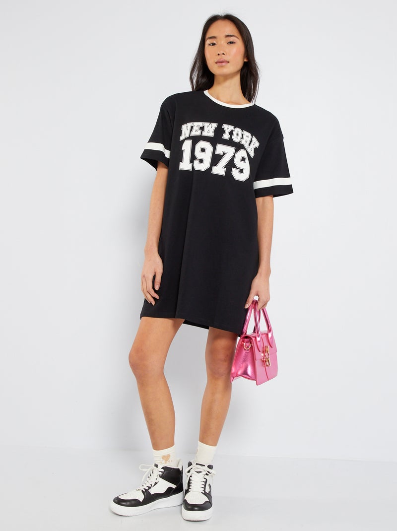 Vestido t-shirt com estampado à frente PRETO - Kiabi