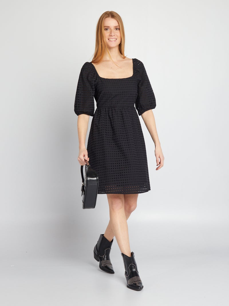 Vestido tipo balão em bordado ajurado Preto - Kiabi