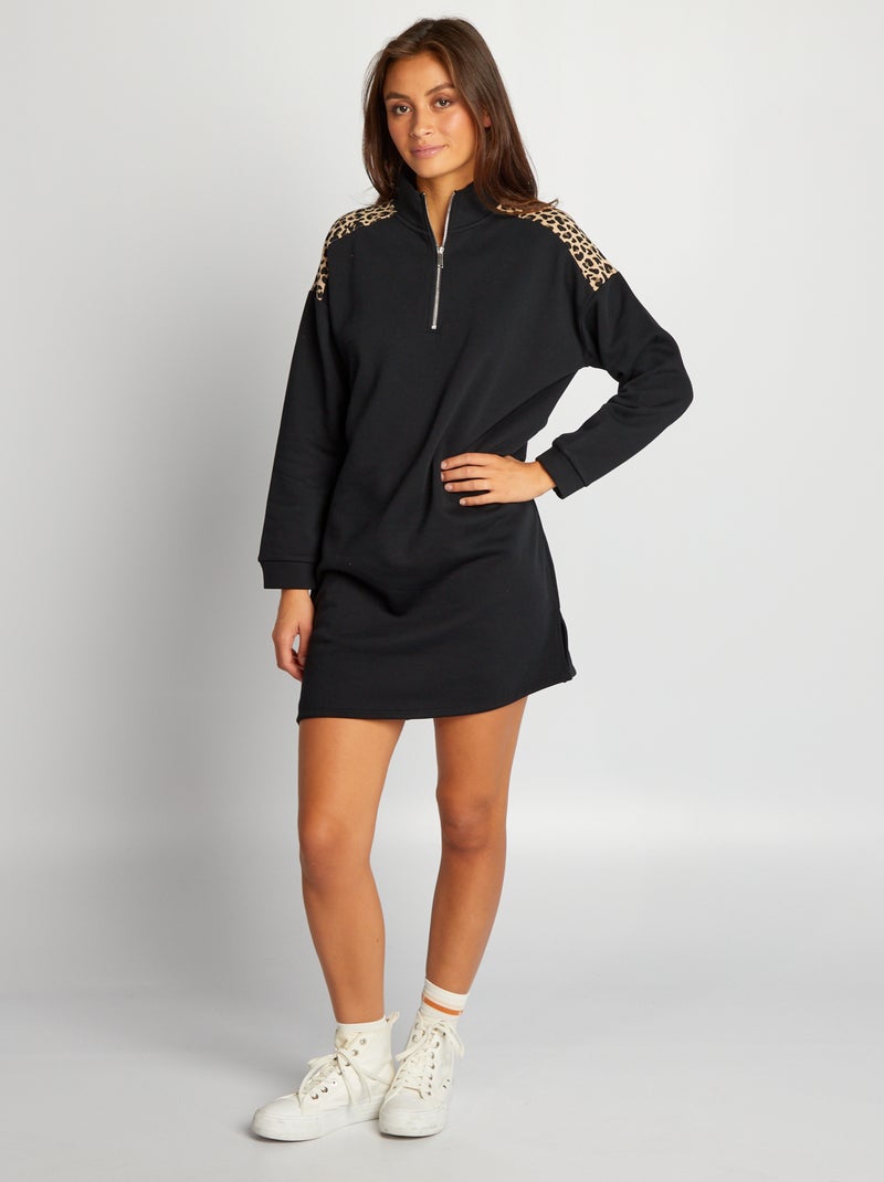 Vestido tipo sweatshirt com detalhe de leopardo PRETO - Kiabi