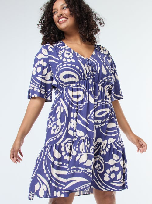 Vestido trapézio estampado com base com folhos - Kiabi