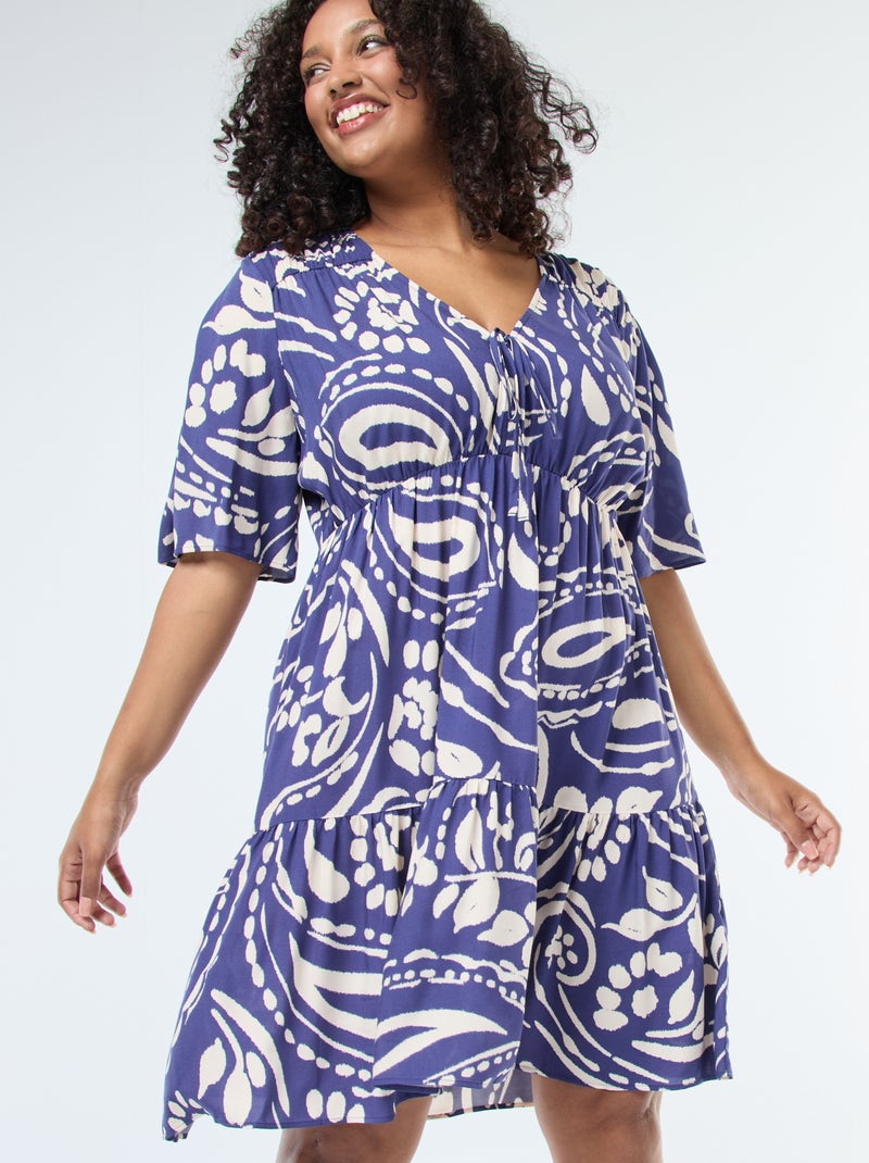 Vestido trapézio estampado com base com folhos Azul - Kiabi