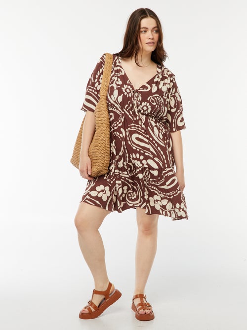 Vestido trapézio estampado com base com folhos - Kiabi