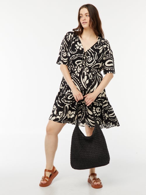 Vestido trapézio estampado com base com folhos - Kiabi