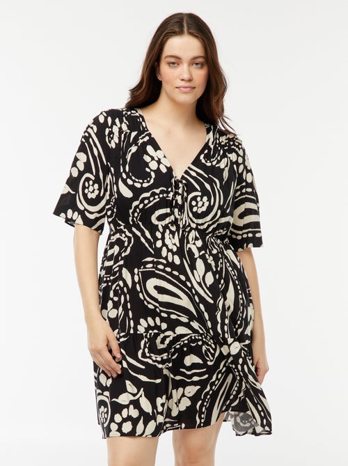 Vestido trapézio estampado com base com folhos - Kiabi