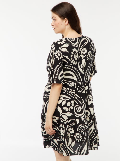 Vestido trapézio estampado com base com folhos - Kiabi