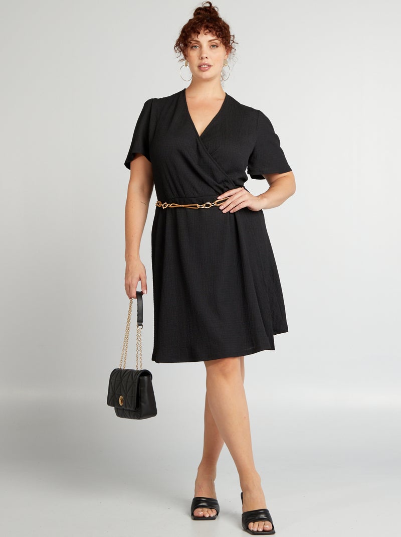 Vestido trespassado crepe com motivo Preto - Kiabi