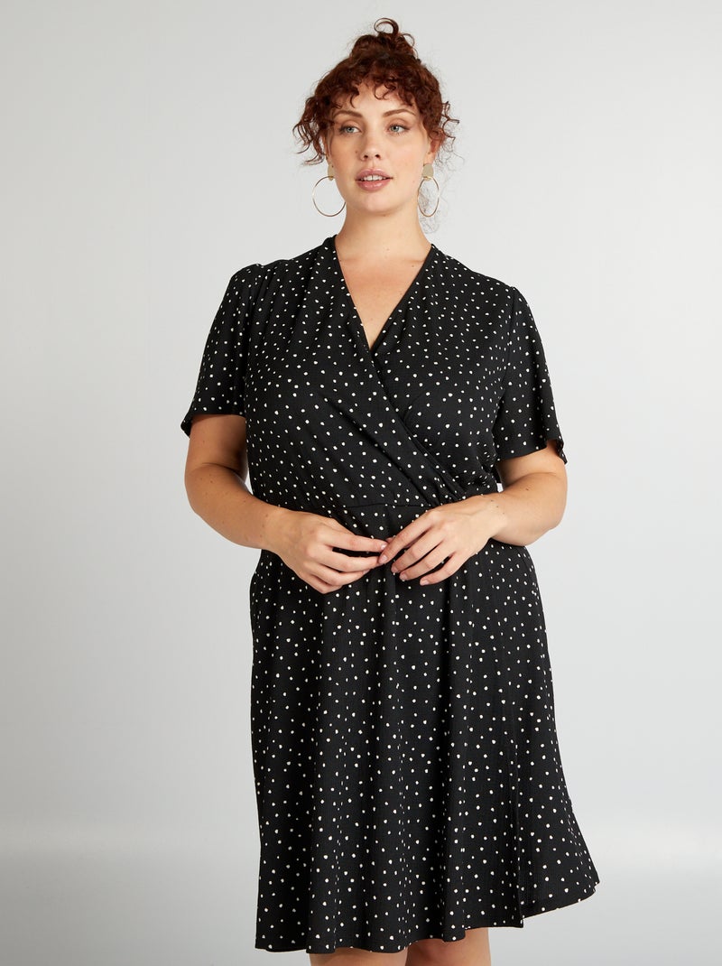 Vestido trespassado crepe com motivo PRETO - Kiabi